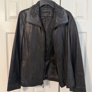 Jones New York women's black leather jacket with embroidered details